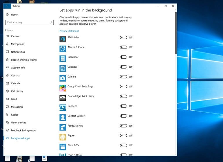 Windows 10 Background Apps - pages of them