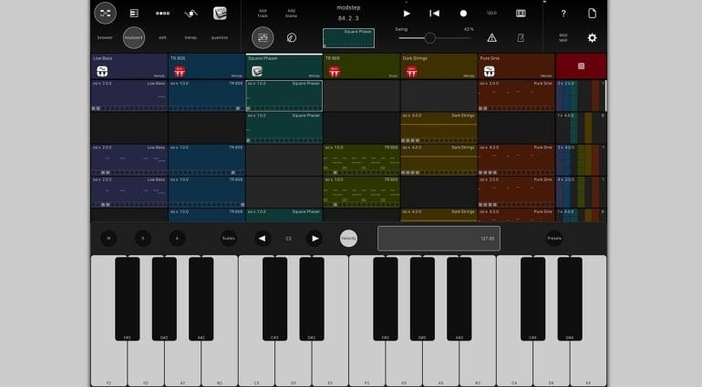 Modstep MIDI sequencer for iPad - user interface with clips
