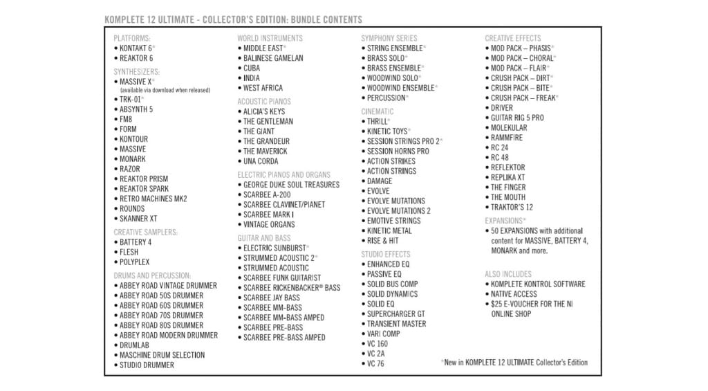 Native Instruments Komplete 12 Ultimate Collectors Edition list