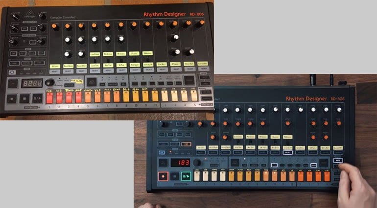 Behringer reverses the button colours. Prototype on left, release version on right.
