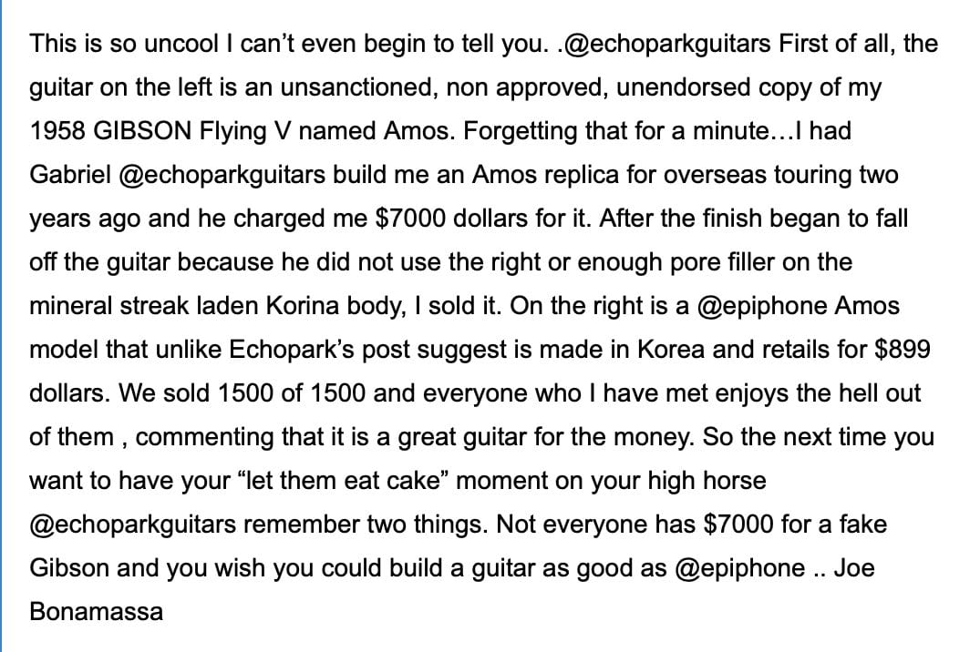 Joe Bonamassa Echopark Guitars statement