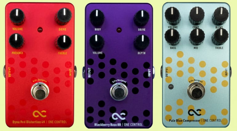 One Control Dyna Red Distortion 4K, Pale Blue Compressor and Blackberry Bass Overdrive pedals