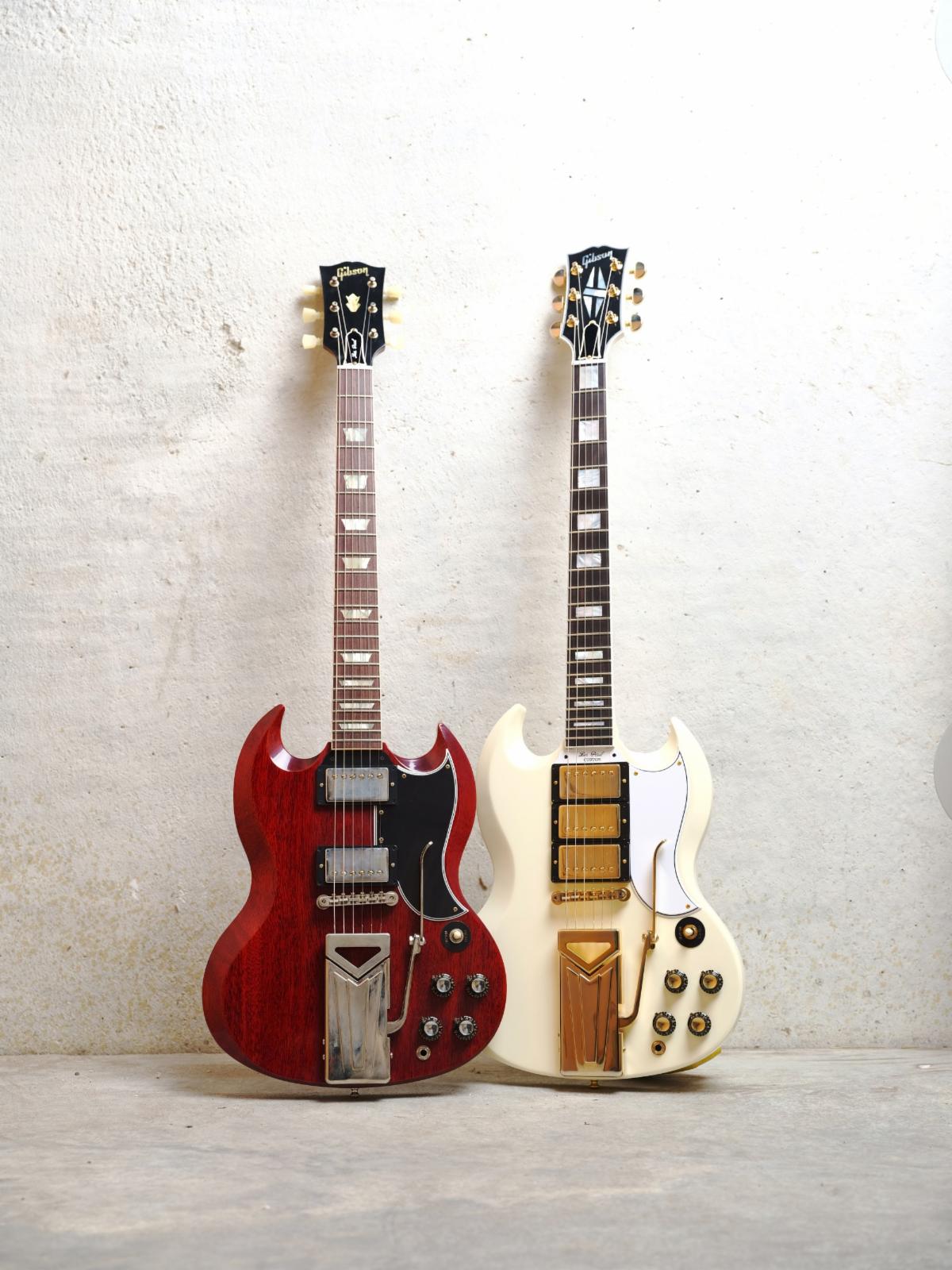 Gibson 60th Anniversary 1961 SG Standard with Sideways Vibrola in Cherry Red VOS and Classic White VOS.
