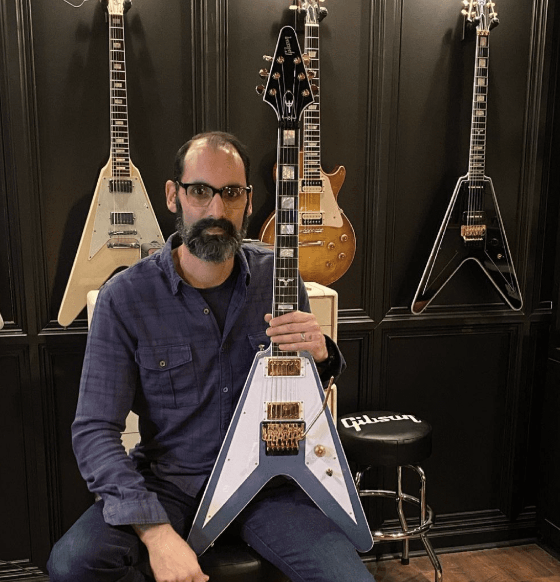 Cesar Gueikian with new Gibson version of Richie Faulkner’s signature flying V