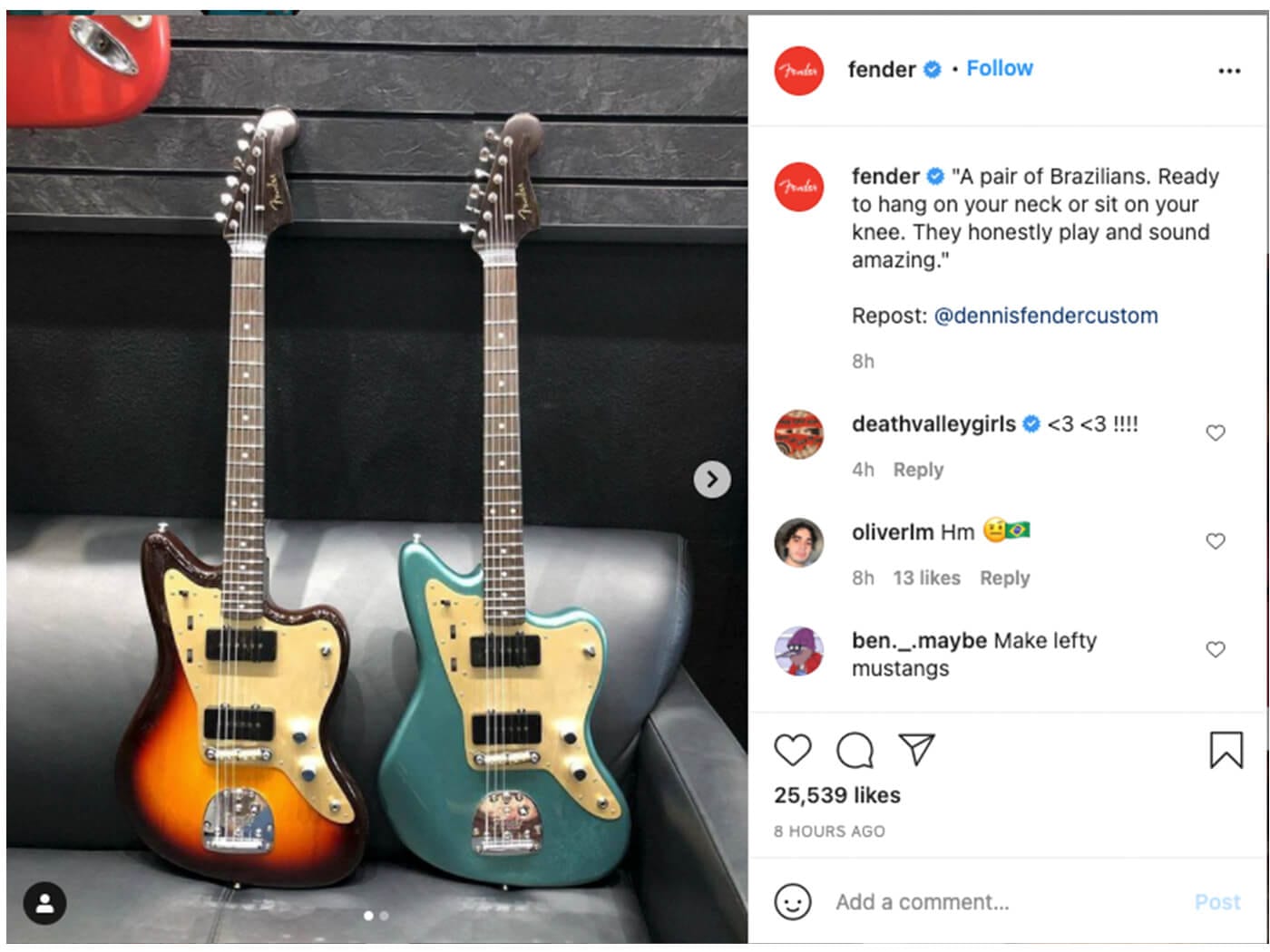 The now-removed Fender Instagram post