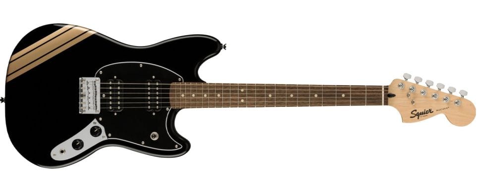 Squier Bullet Competition Mustang Black and Shorelin Gold Stripes