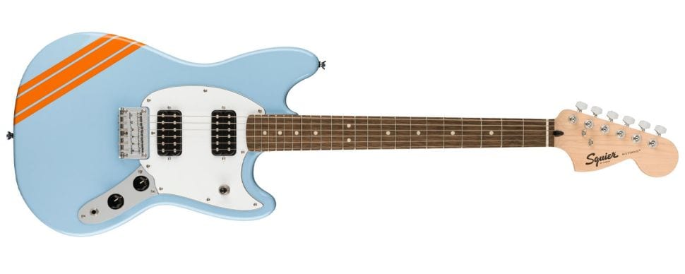 Squier Bullet Competition Mustang Daphne Blue with Orange stripes