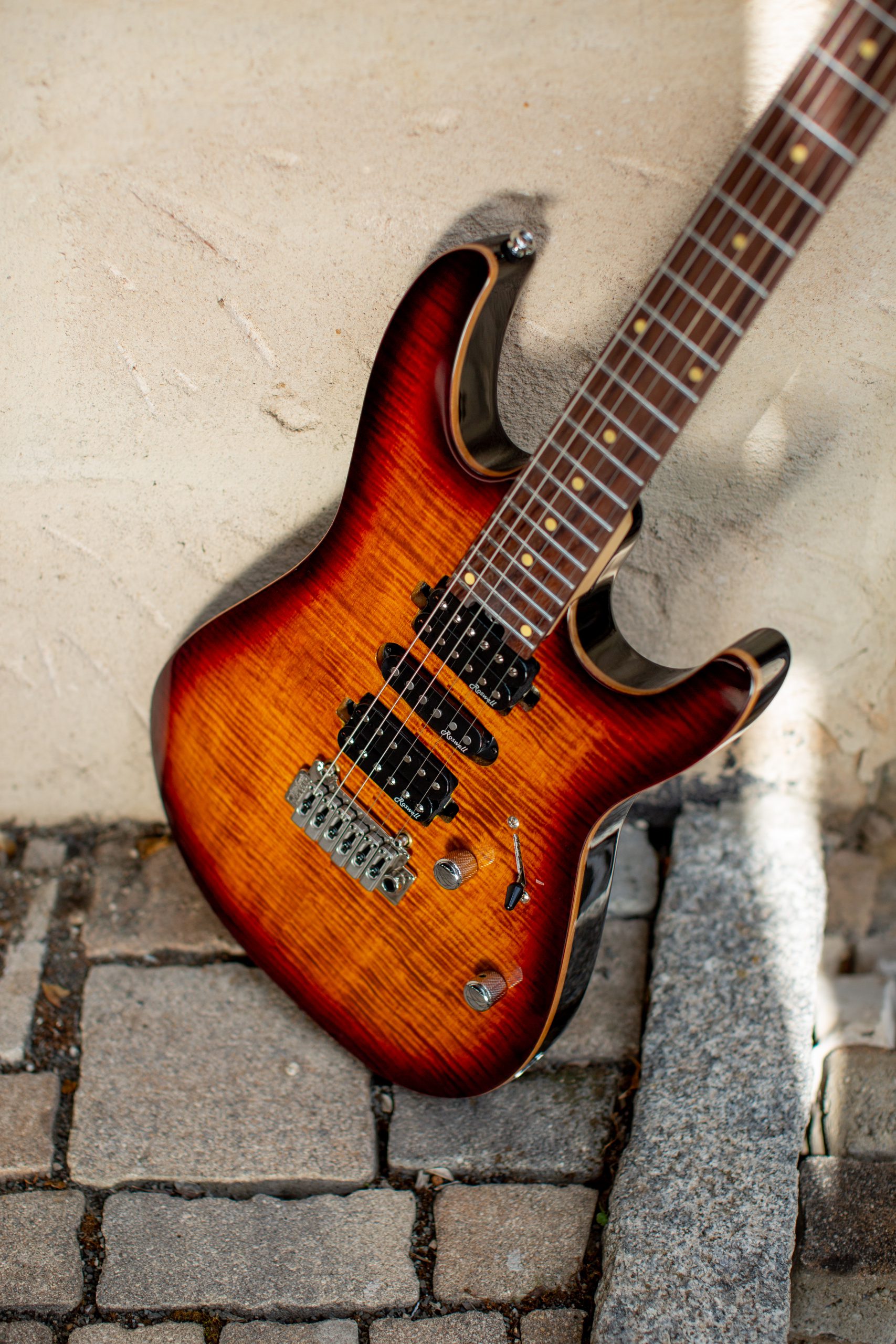 Harley Benton Fusion-III in a Trans Flamed Bengal for the HSH with 2-point trem