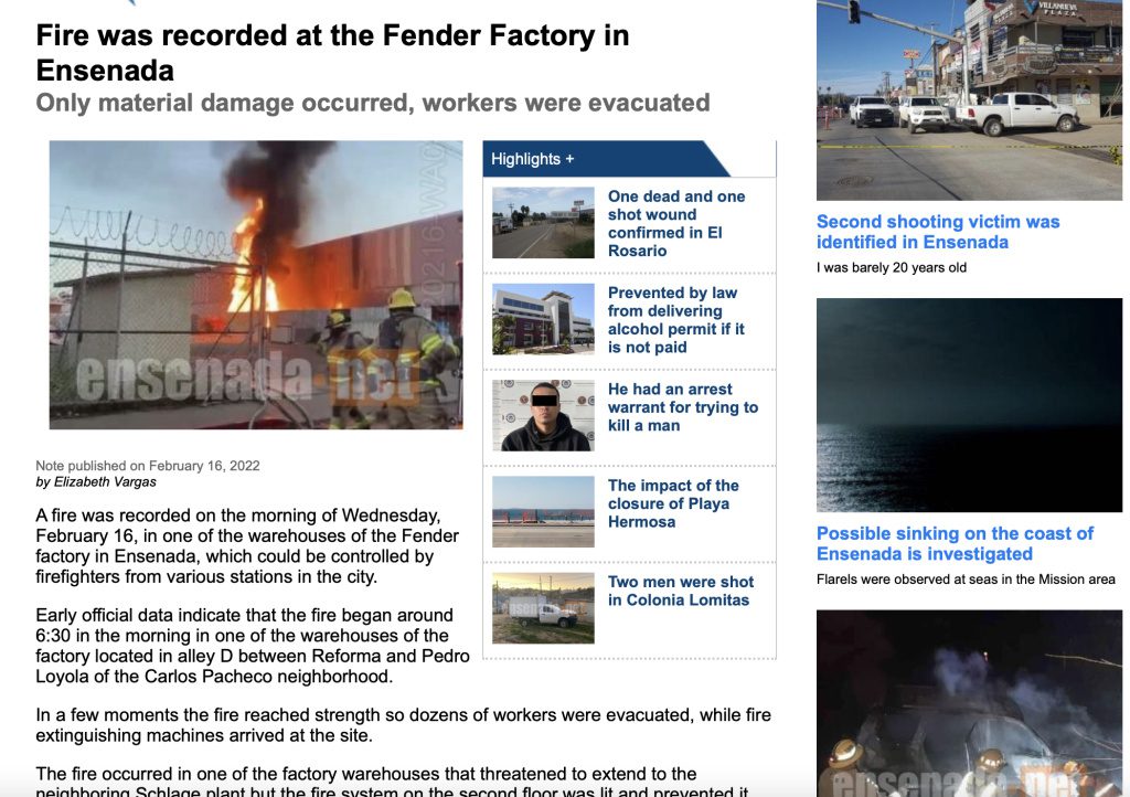 Fire at Fender factory in Ensenada