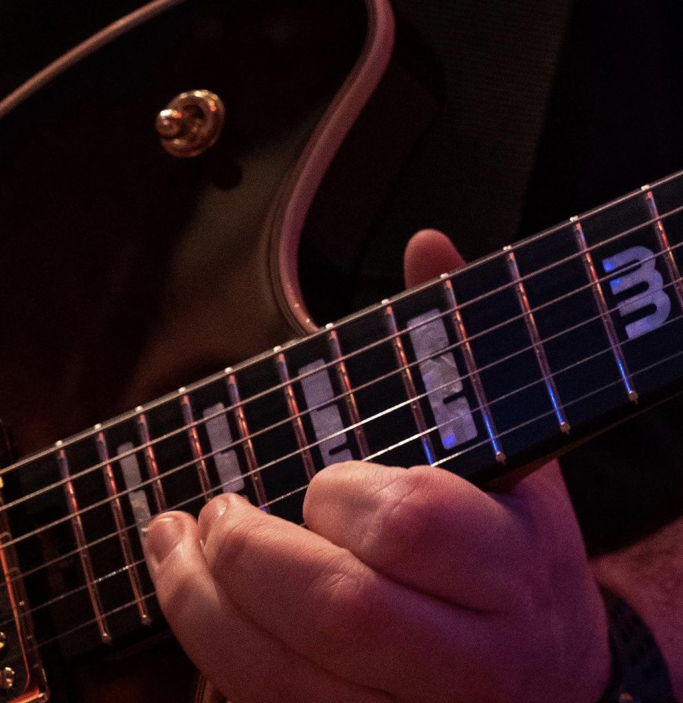 Wolfgang Van Halen prototype semi-hollow EVH guitar with Mammoth logo 12th fret inlay
