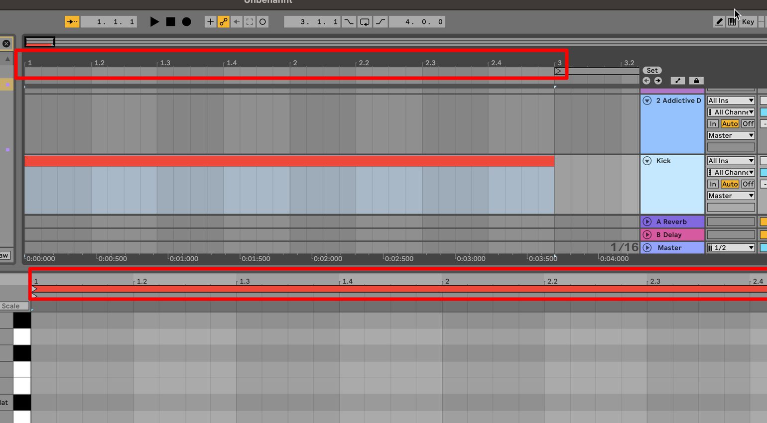 A DAW like Ableton displays the grid in its Arrangement (top) and in the clip editor (bottom).