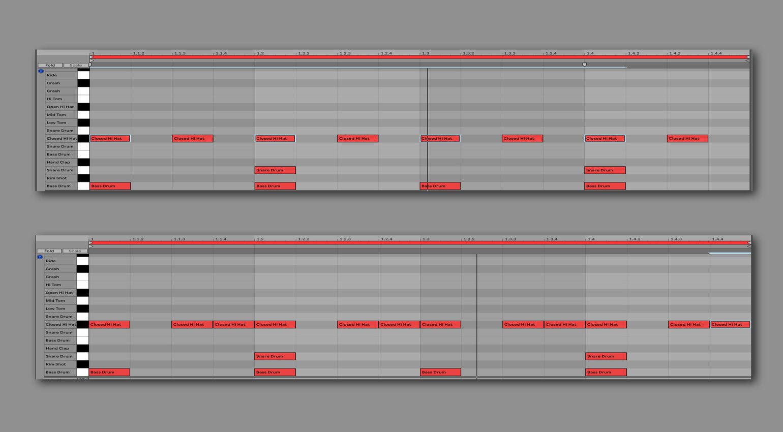 Same Kick and Snare pattern, different Hihat rhythms - wildly different groove! 