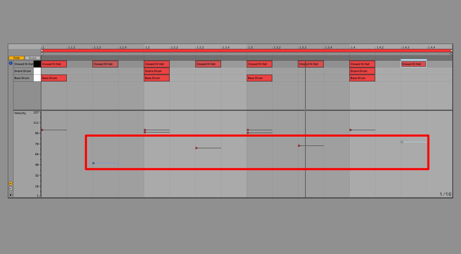 In Ableton Live, changing velocities in drum programming happens here. 