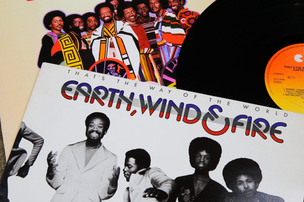 Viersen, Germany - July 9. 2020: Closeup of Earth, Wind & Fire vinyl record cover collection.