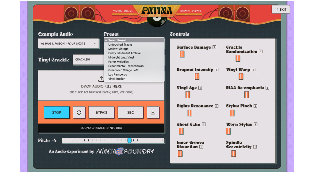 Patina offers a wide range of sound character settings, including presets.