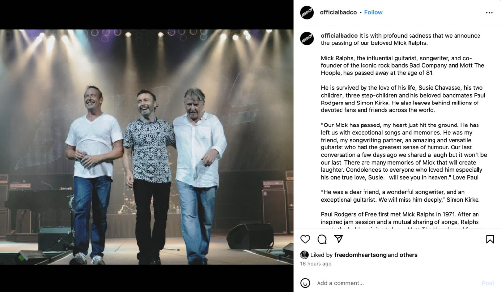 Paul Rogers Tribute to Mick Ralphs via Instagram