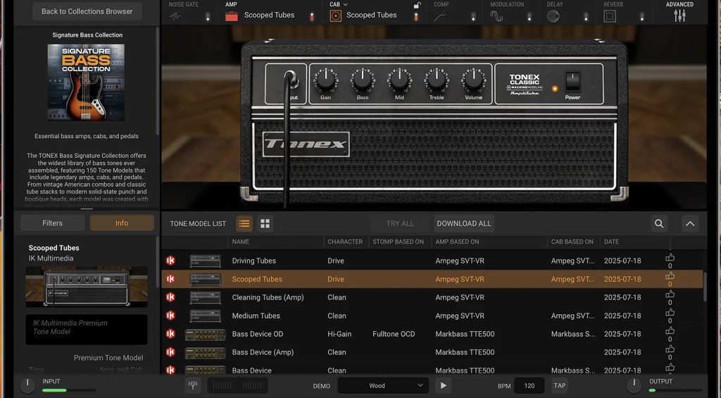 Modelos de amplificadores de bajo en el ToneX Editor · Fuente: IK Multimedia