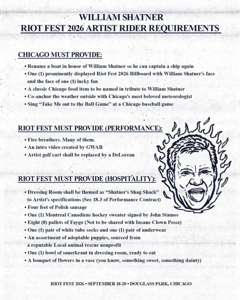 Riot Fest rider for William Shatner